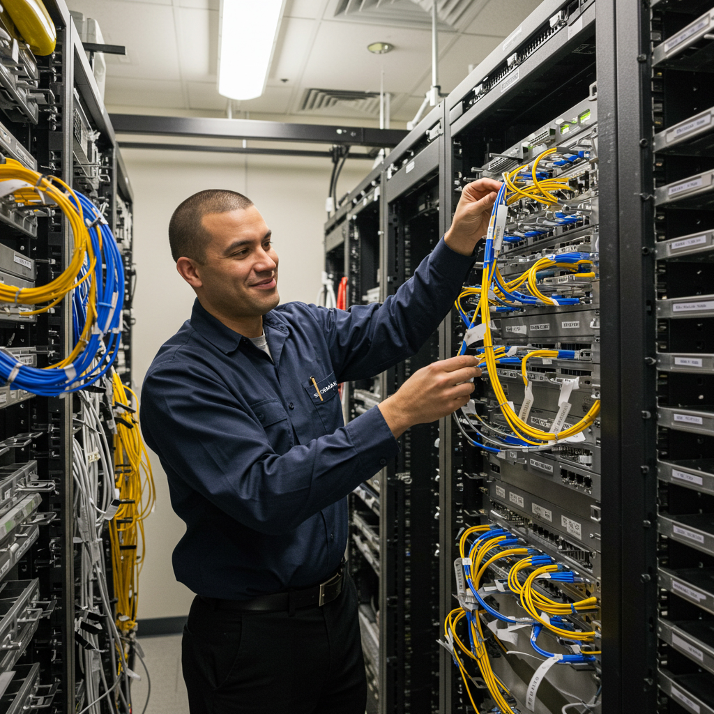 Shoemaker technician organizing structured cabling in Indiana data room