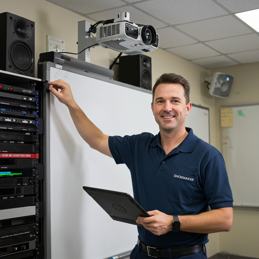 Smiling American Shoemaker technician installing AV system in Indiana classroom